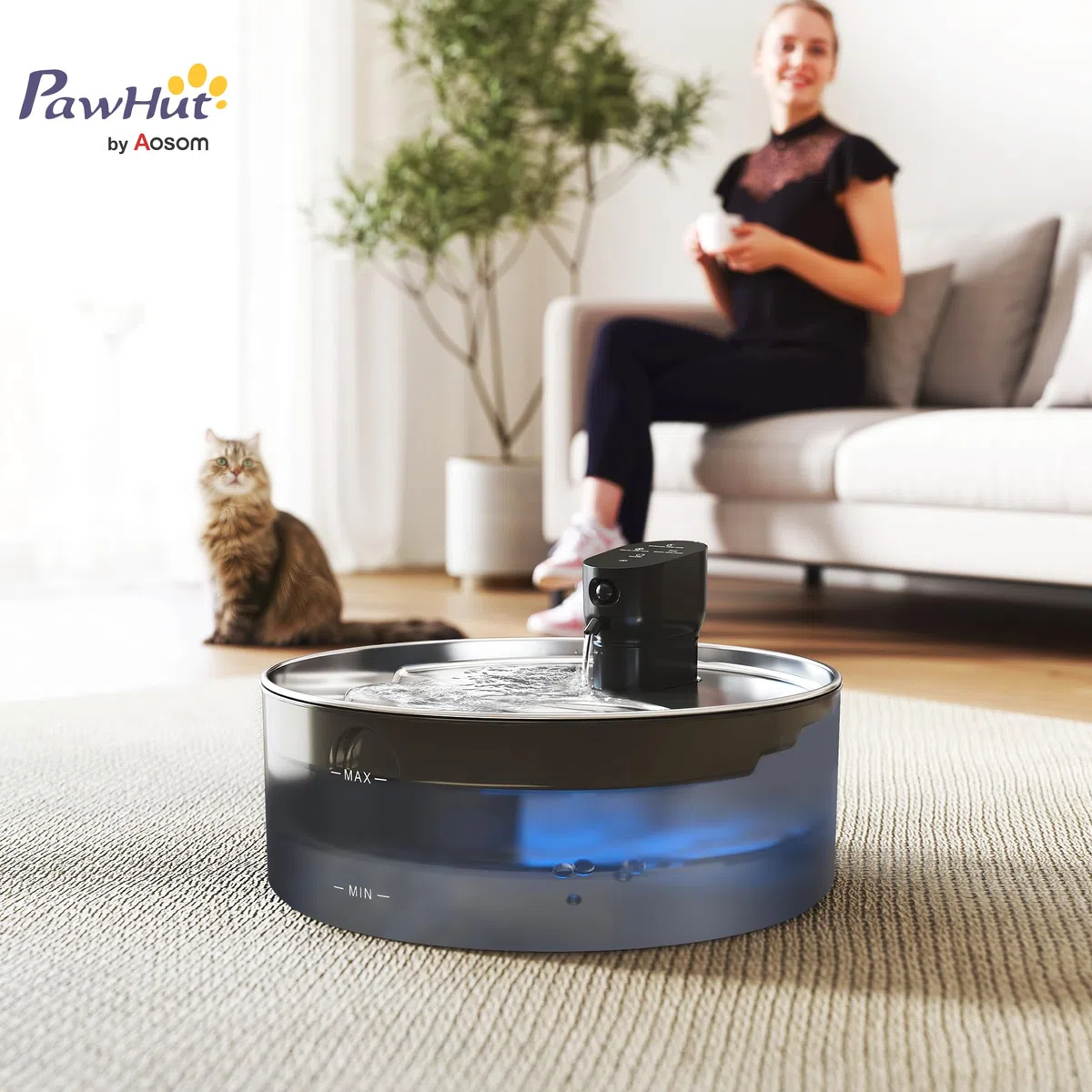 PawHut Fontanna dla kota 7L ze stali nierdzewnej LED Czarna | Cicha pompa, okienko poziomu wody, filtr z węglem aktywnym, czujnik ruchu, system filtracji, zasilanie bateryjne, dla psów