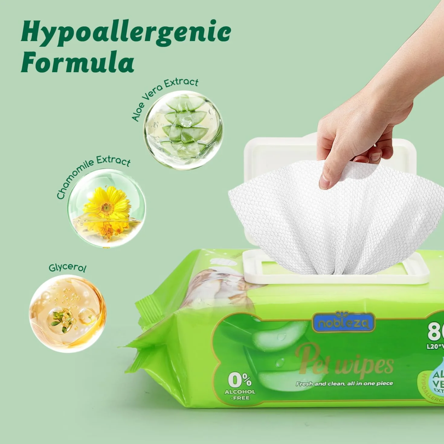 Nobleza Chusteczki Higieniczne dla Psa i Kota, Hipoalergiczne Chusteczki Oczyszczające z Aloe Vera dla Zwierząt, do Czyszczenia i Usuwania Zapachów z Łap, Ciała i Tylnej Części, Bez Alkoholu, 80 sztuk