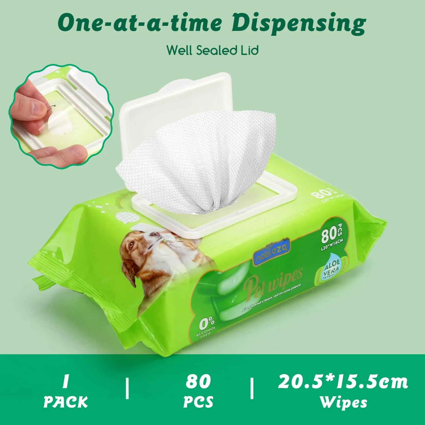 Nobleza Chusteczki Higieniczne dla Psa i Kota, Hipoalergiczne Chusteczki Oczyszczające z Aloe Vera dla Zwierząt, do Czyszczenia i Usuwania Zapachów z Łap, Ciała i Tylnej Części, Bez Alkoholu, 80 sztuk