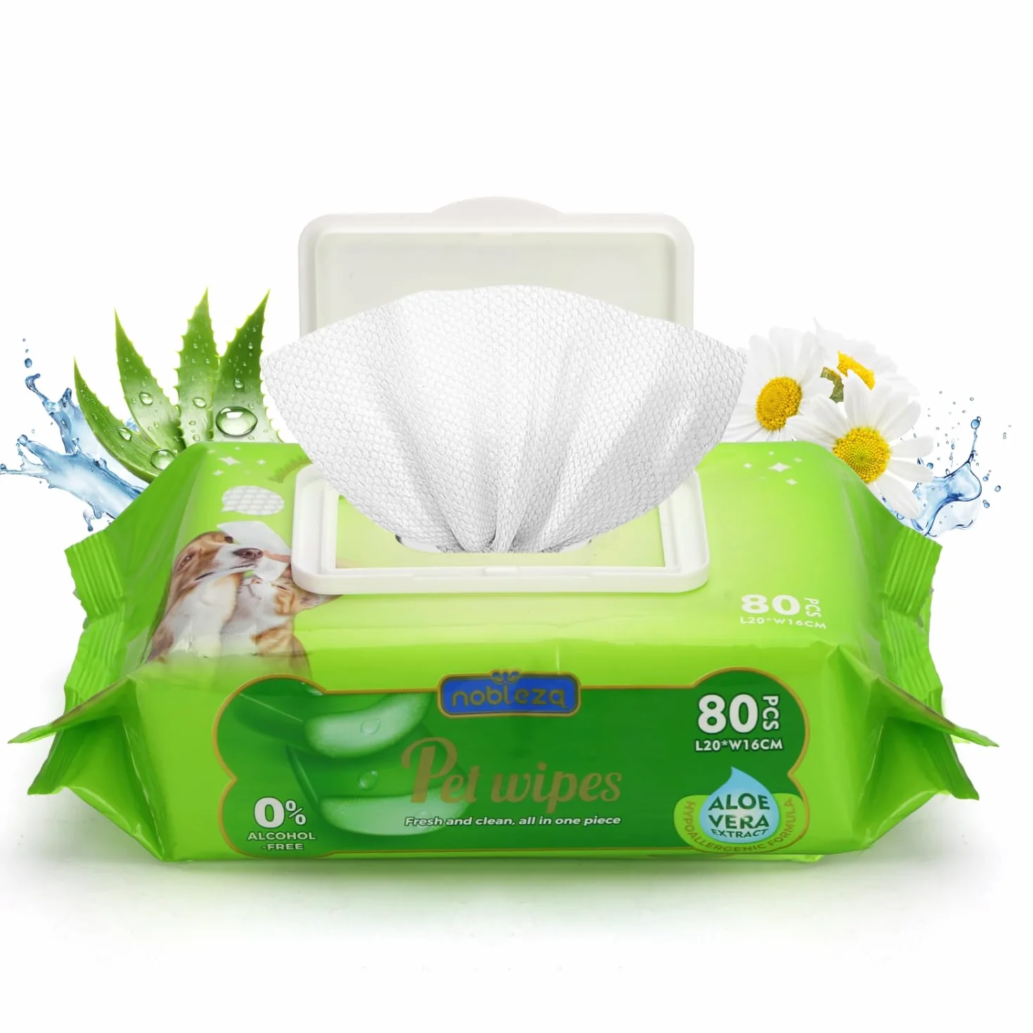 Nobleza Chusteczki Higieniczne dla Psa i Kota, Hipoalergiczne Chusteczki Oczyszczające z Aloe Vera dla Zwierząt, do Czyszczenia i Usuwania Zapachów z Łap, Ciała i Tylnej Części, Bez Alkoholu, 80 sztuk